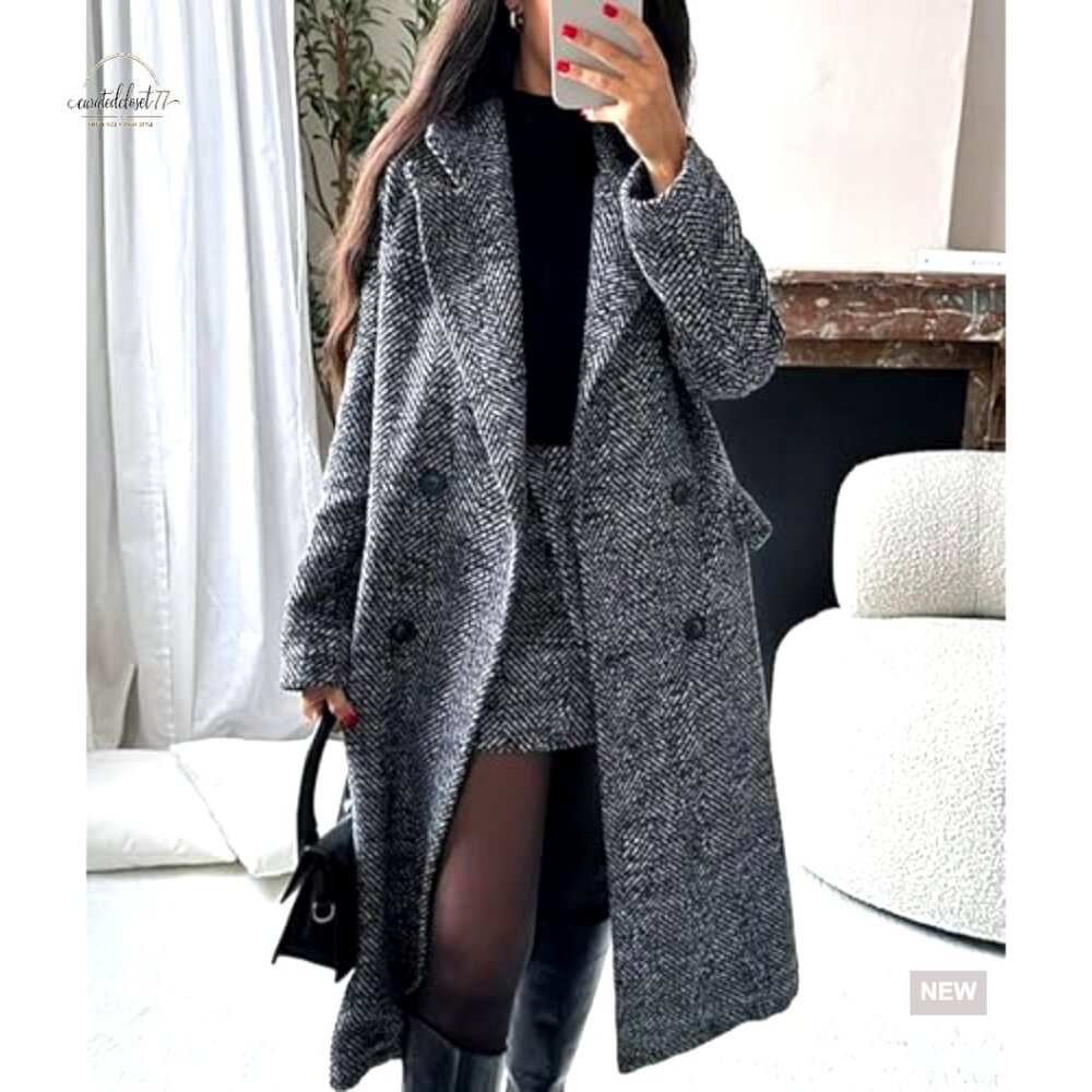 Women's Wool Herringbone Trench Coat Double Breasted Long Pea Coat - Picture 2 of 5